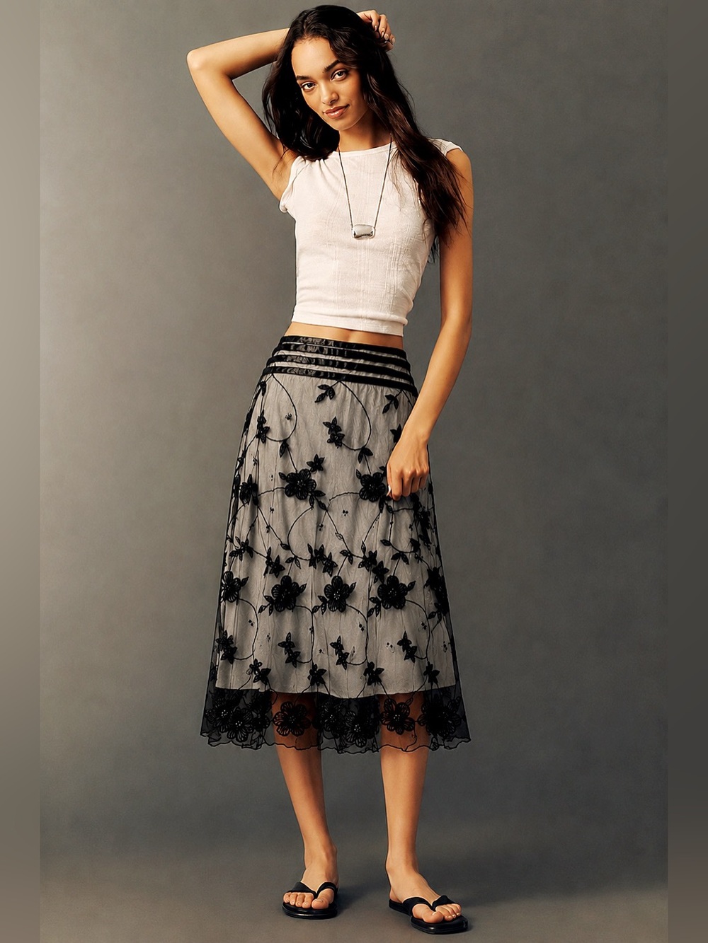 Rachelle Black Floral Embroidered Mesh Midi Skirt Beaded Satin Waist Sz 2